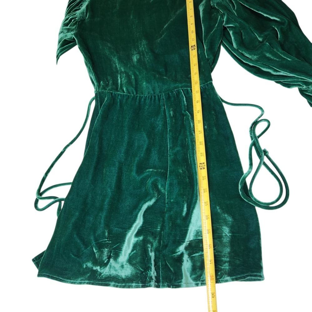 Reformation Size XS Emerald Green Velvet Wrap Mini Dress‎ 3/4 Sleeve Burnout - Picture 12 of 13